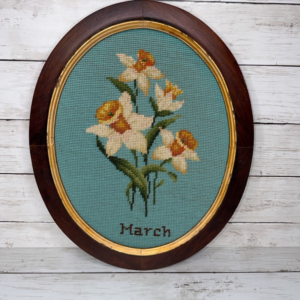 Vintage Oval Floral Embroidery Needlepoint Wall Art Flowers Cottagecore Decor